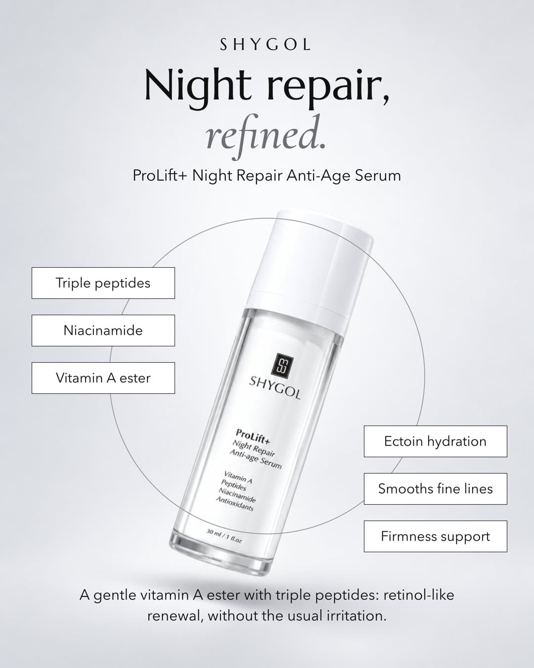 Static ad with a night serum floating inside a thin circle, labelled with its key ingredients