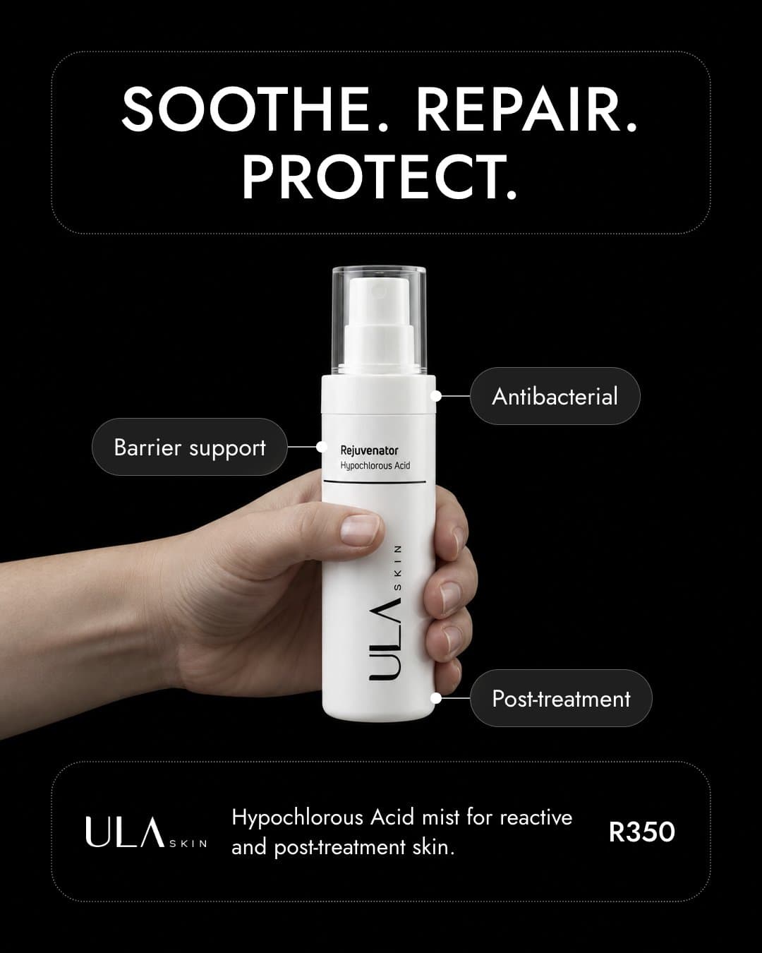 Black static ad of a hand holding a spray bottle with three benefit labels and a price card