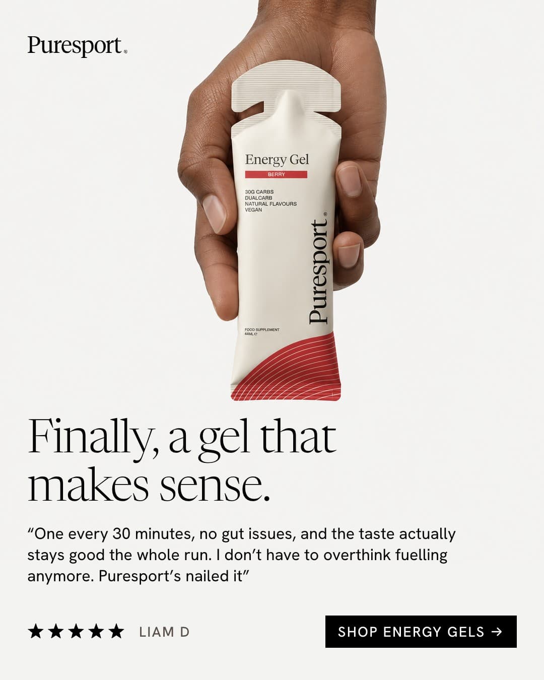 Static ad: a hand holding a Puresport Energy Gel with a five-star review