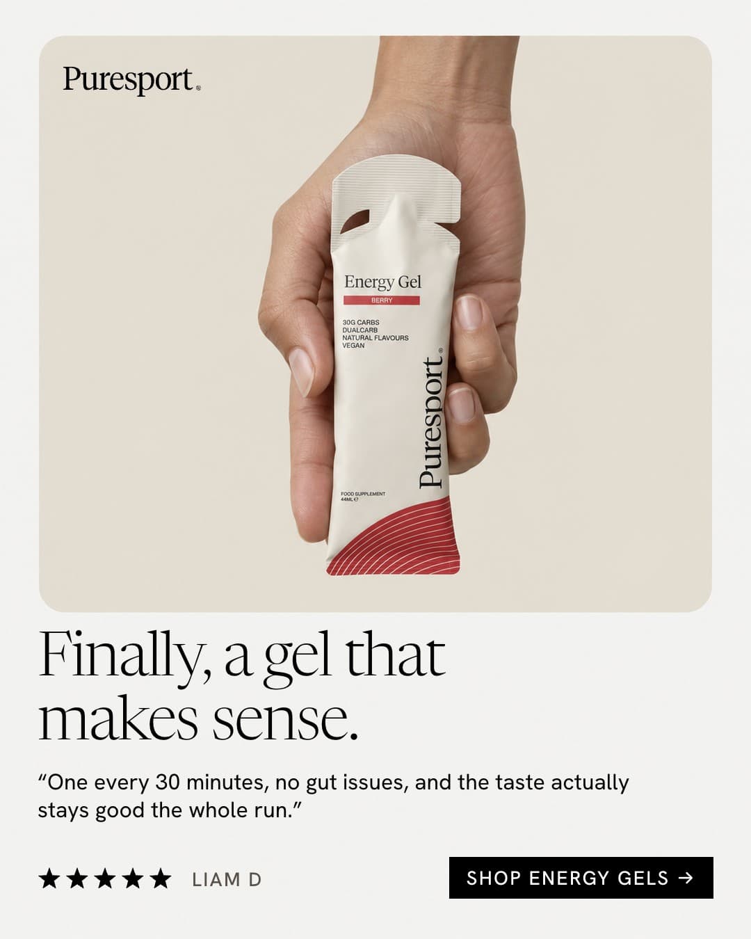 Minimal static ad: the energy gel review in a rounded beige card on an off-white ground