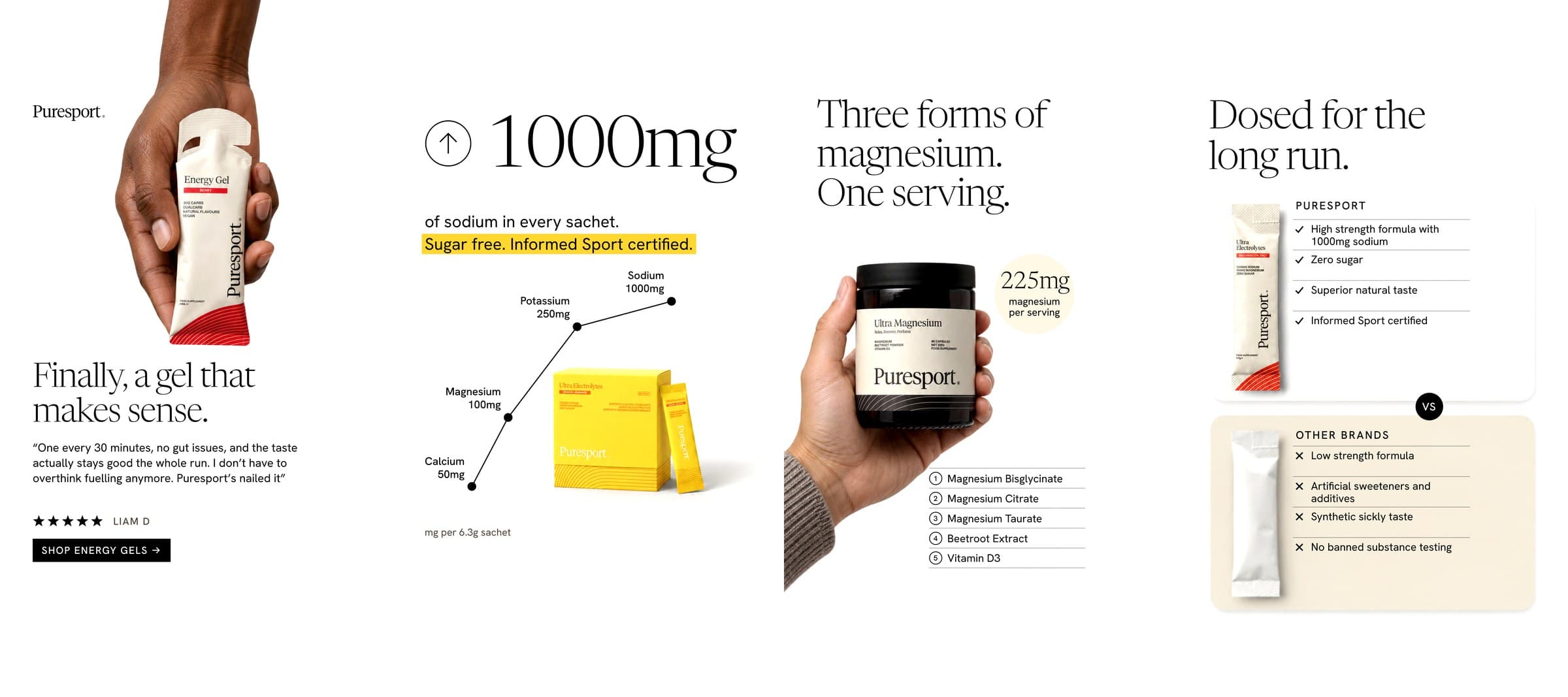 A wide strip of four vertical Puresport ads side by side: an energy gel review, a 1000mg sodium stat, a magnesium checklist and a comparison with other brands