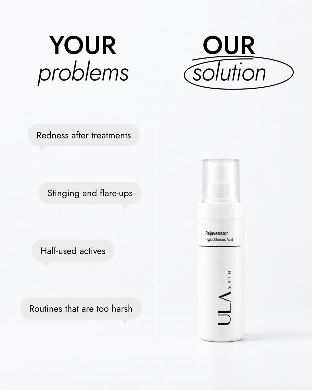 Static ad contrasting four skin problems with the ULA Rejuvenator as the solution