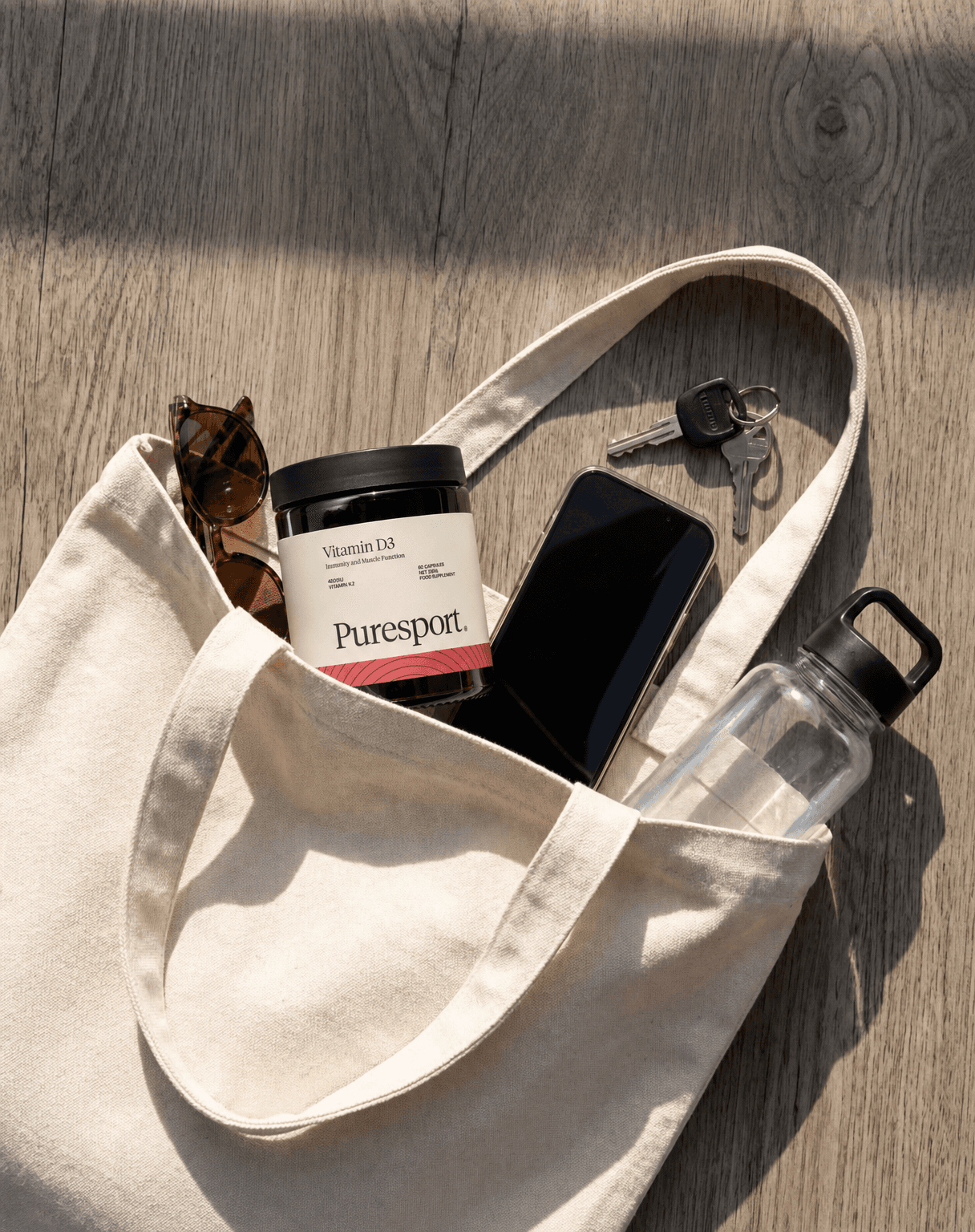Flat-lay of a product tucked into a canvas tote