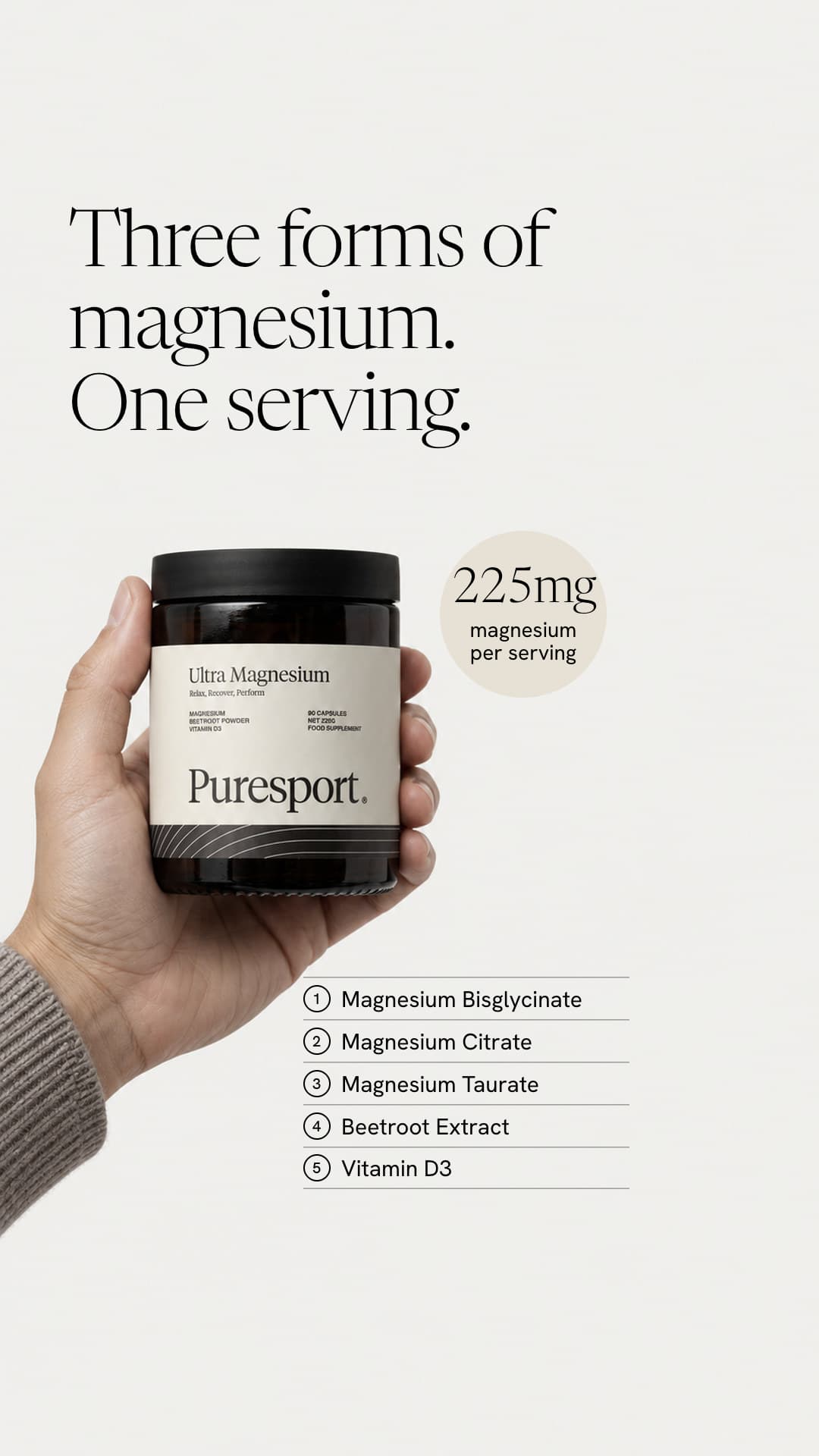 Static ad for stories: a hand holding an Ultra Magnesium jar and a numbered list of five ingredients