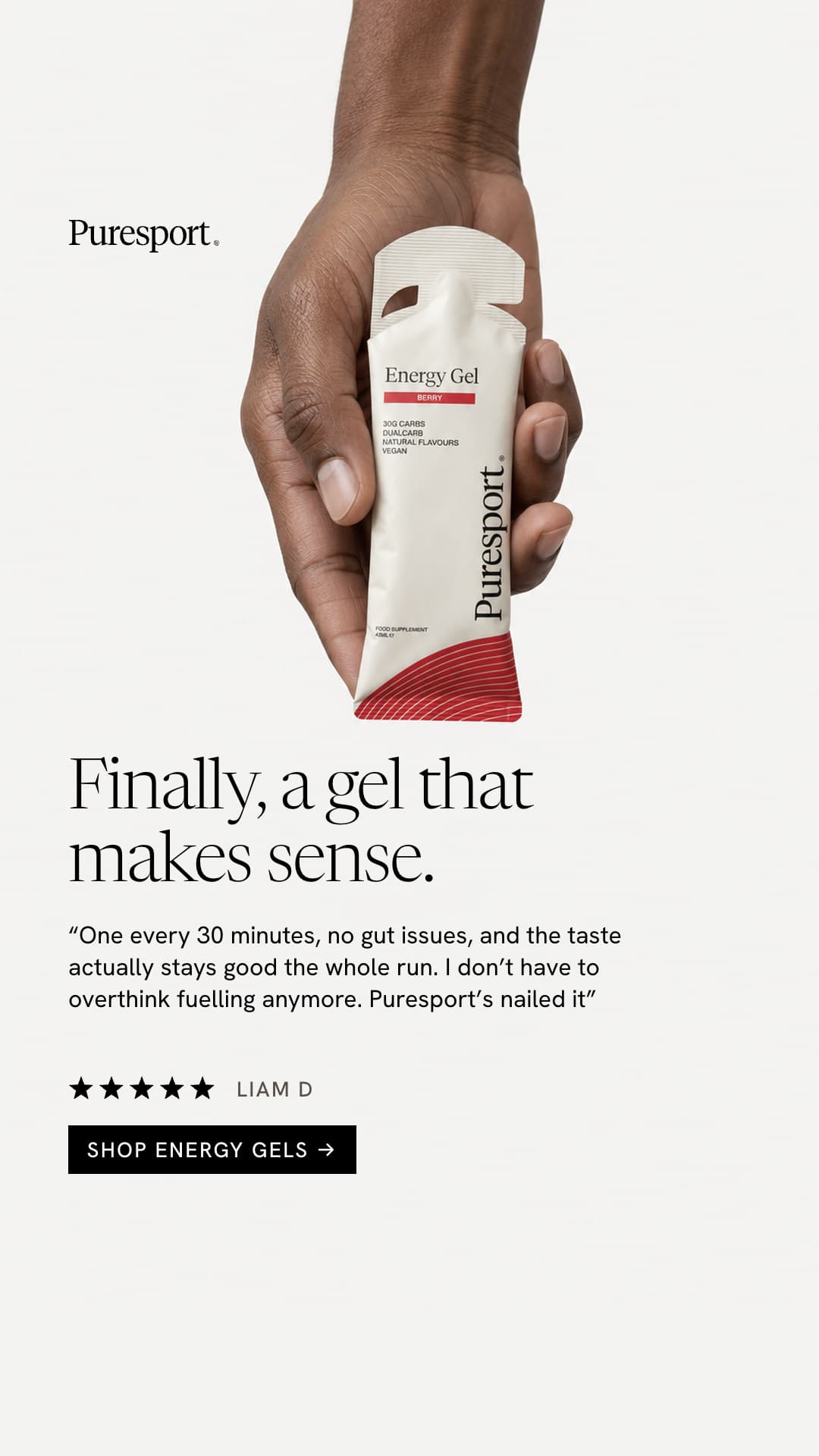 Static ad for stories: a hand holding a Puresport Energy Gel with a five-star review