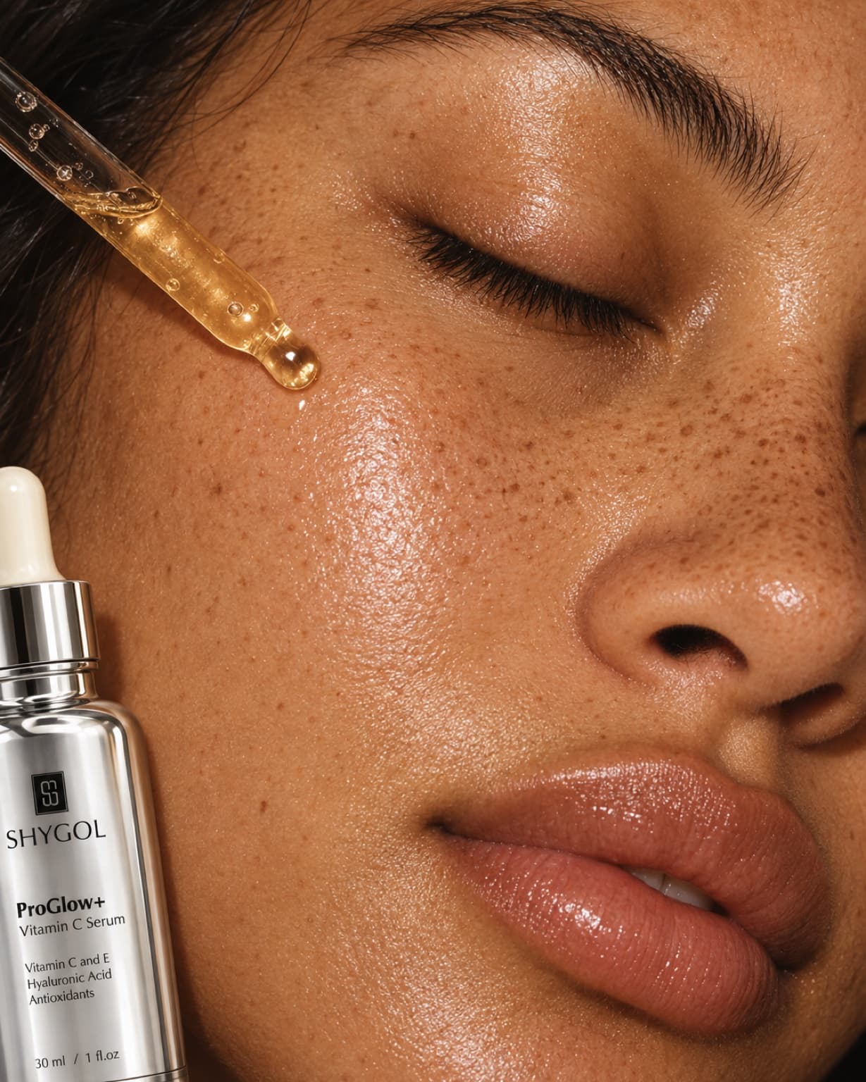 Extreme macro of a ProGlow+ Vitamin C Serum dropper releasing a drop of serum onto bare cheek, eyes closed, real pores and freckles