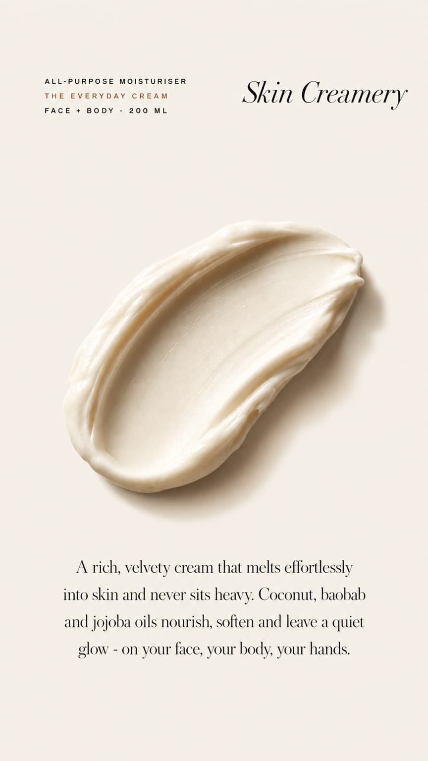 Static ad: a swatch of The Everyday Cream smeared on a warm neutral ground beside the product name and a short description