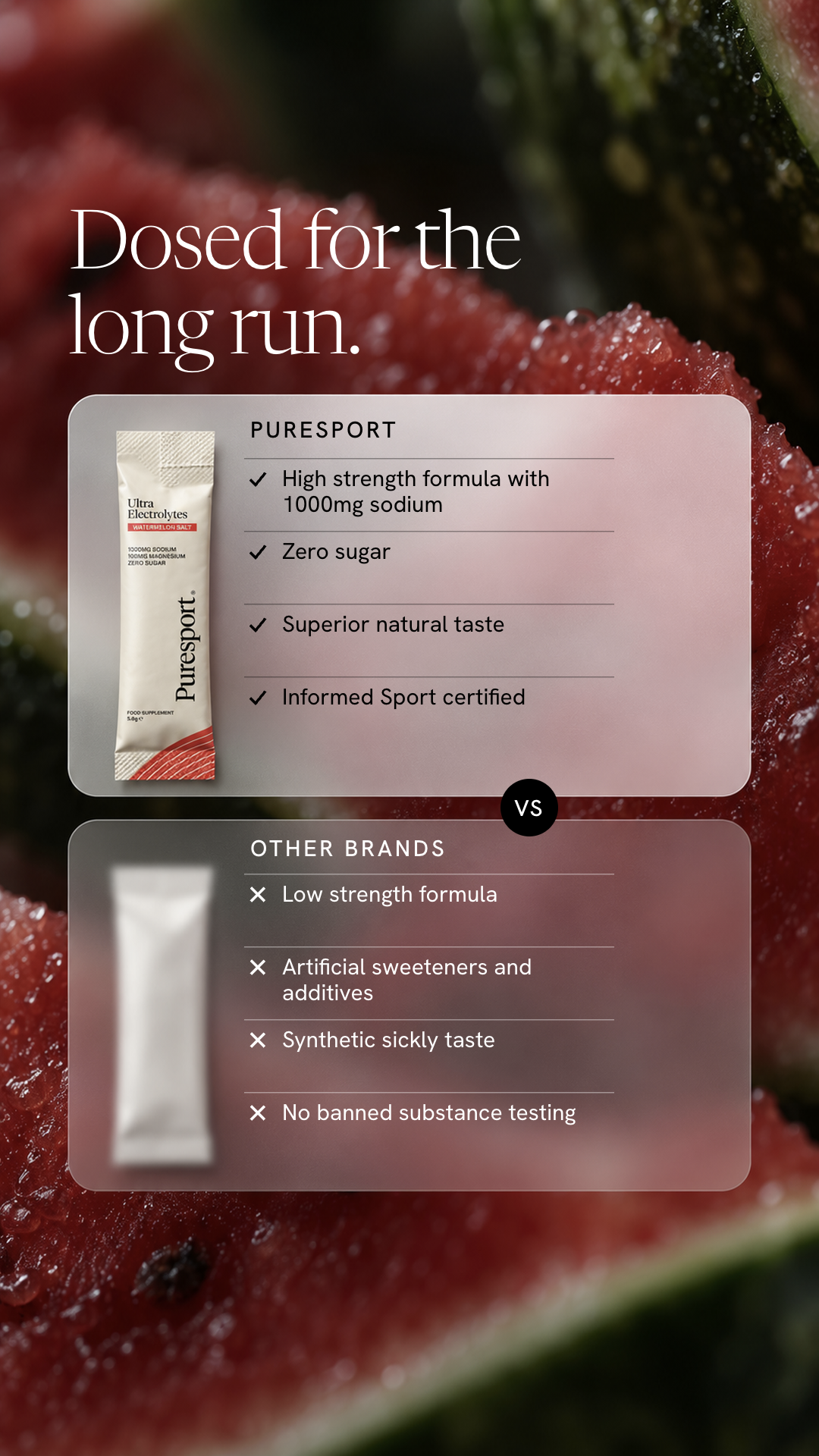 The finished Puresport comparison ad: the headline Dosed for the long run, a Puresport list of four points beside an other brands list of four points, and a VS badge between the panels.