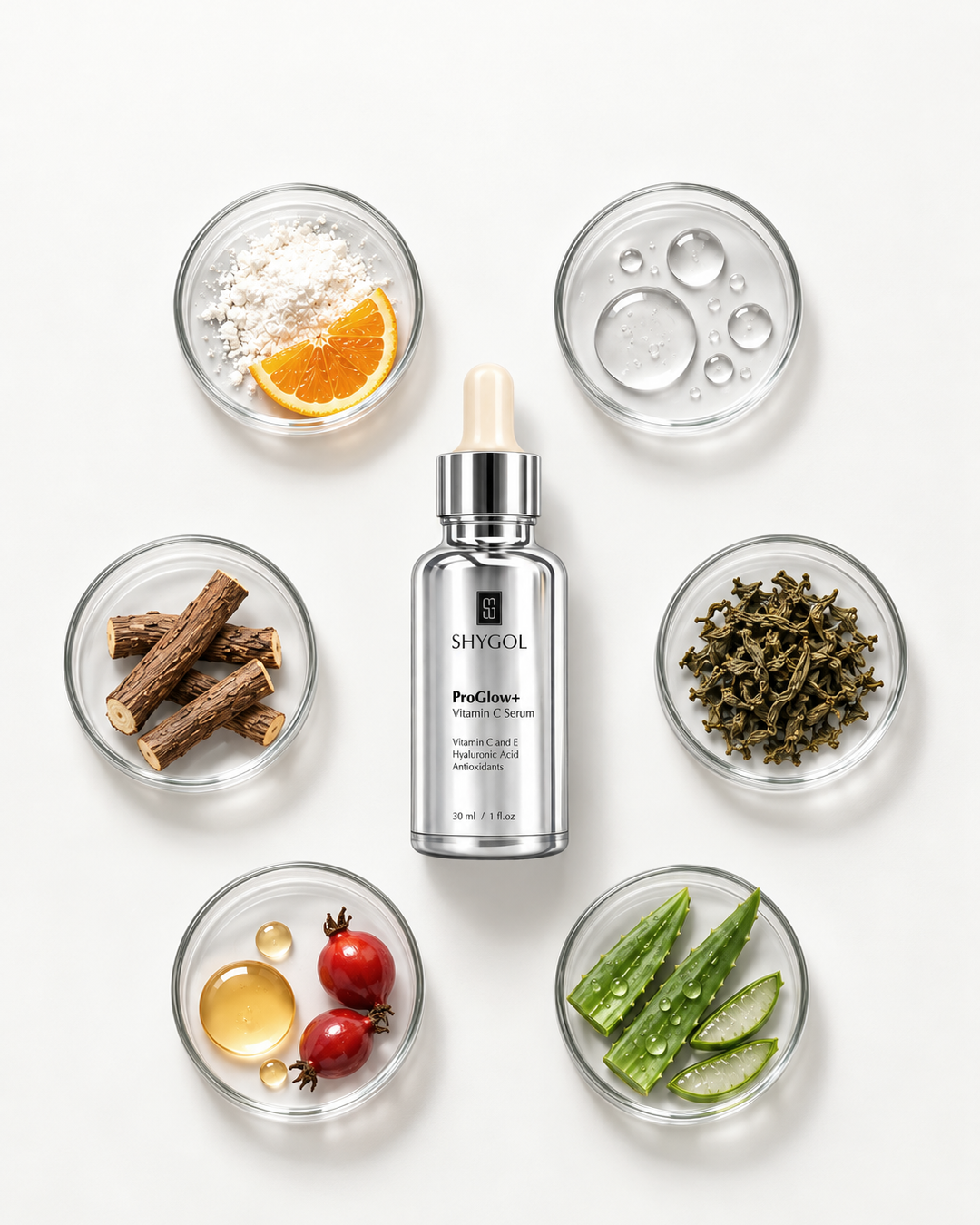 A silver Shygol ProGlow+ Vitamin C serum bottle surrounded by six glass petri dishes holding vitamin C powder with orange, hyaluronic droplets, licorice root, green tea, rosehip oil and aloe, on a white surface, with no text added.